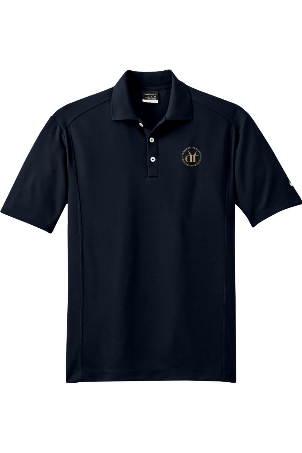 Navy blue Nike Dri-FIT men's polo shirt with a three-button placket and a circular logo on the left chest.