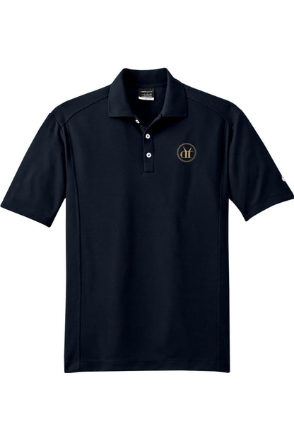 Navy blue Nike Dri-FIT men's polo shirt with a three-button placket and a circular logo on the left chest.