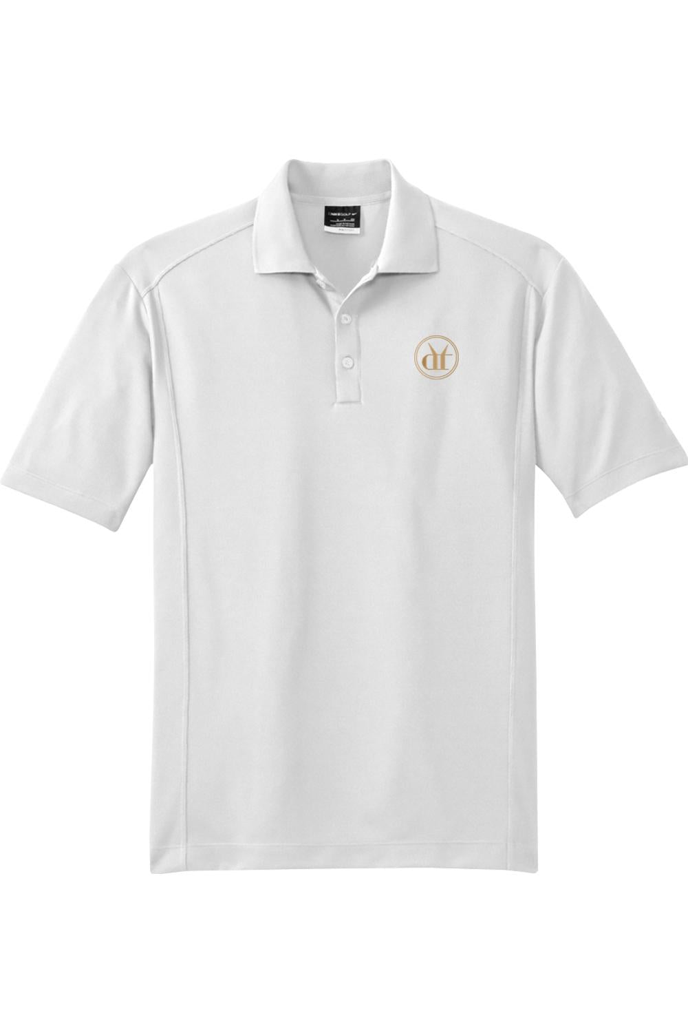 White Nike Dri-FIT men's polo shirt with a classic collar, three-button placket, and a circular gold logo on the chest.