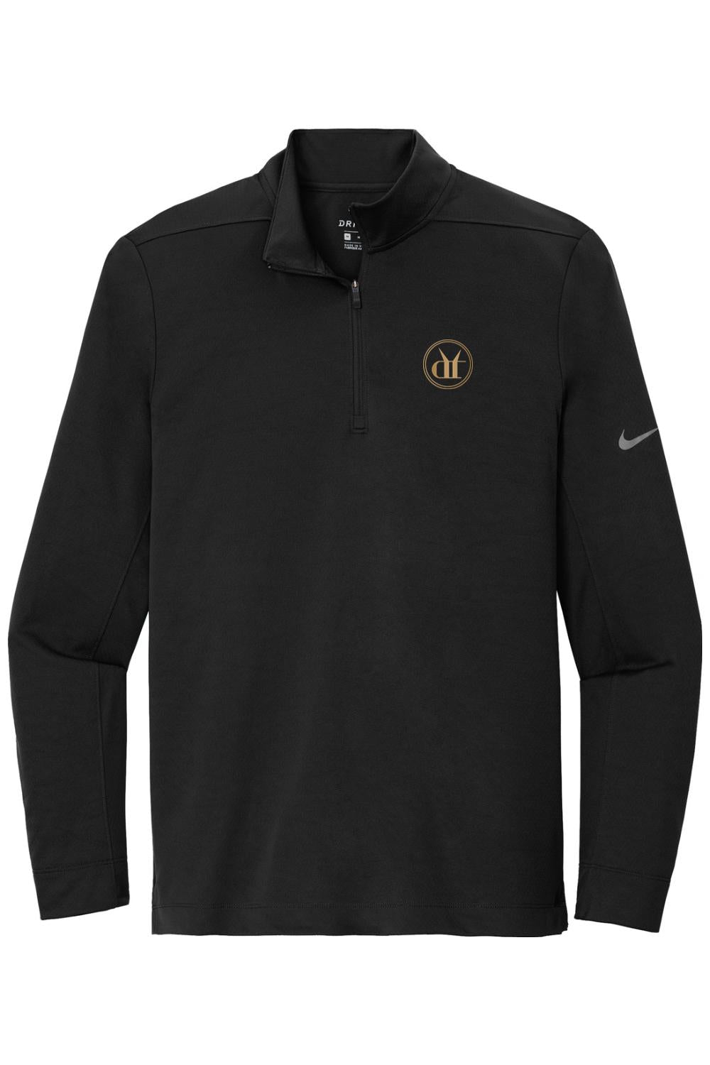 Black Nike Dri-FIT 1/2-zip cover-up with a circular gold logo on the chest and a grey Swoosh on the left sleeve.