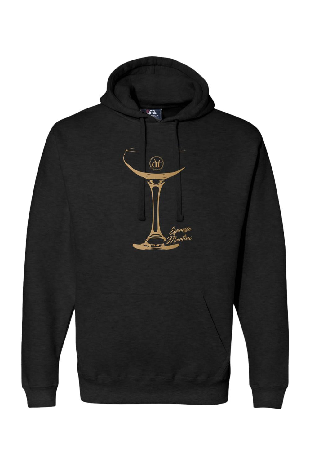Black premium fleece hoodie featuring a gold martini glass graphic and Espresso Martini text on the chest.