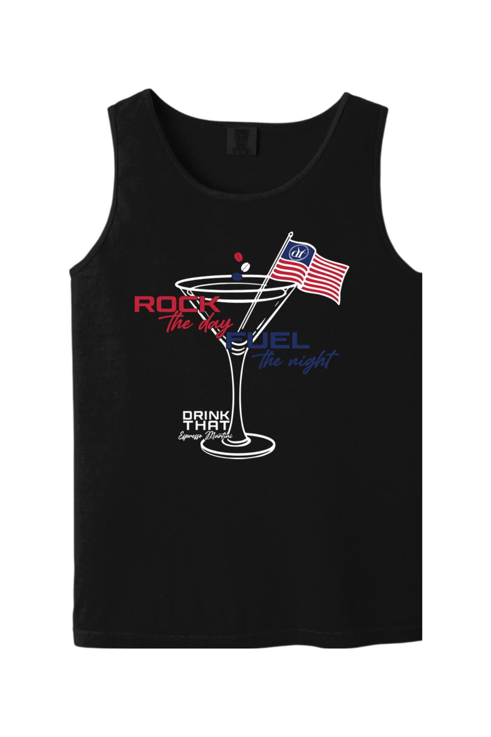 Black Comfort Colors cotton tank top featuring an espresso martini graphic with a USA flag and patriotic text.