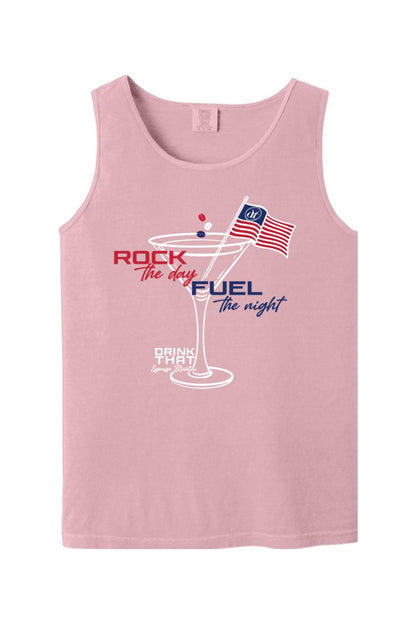 Soft pink Comfort Colors cotton tank top featuring an espresso martini graphic with a US flag and patriotic text.