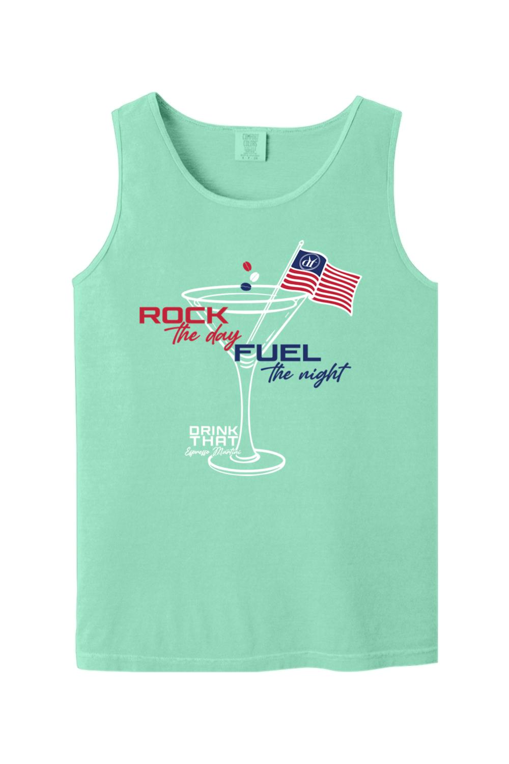 Mint green Comfort Colors cotton tank top featuring an espresso martini graphic with an American flag and text.