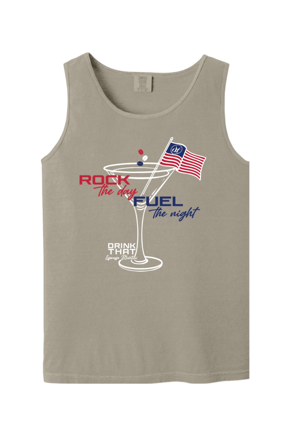 Taupe Comfort Colors cotton tank top featuring an espresso martini graphic with an American flag and patriotic text.
