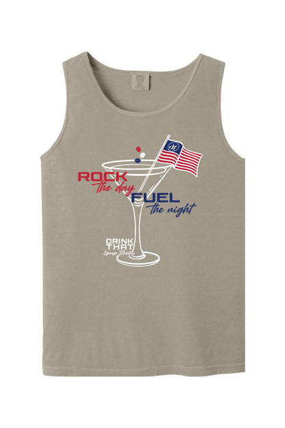 Taupe Comfort Colors cotton tank top featuring an espresso martini graphic with an American flag and patriotic text.