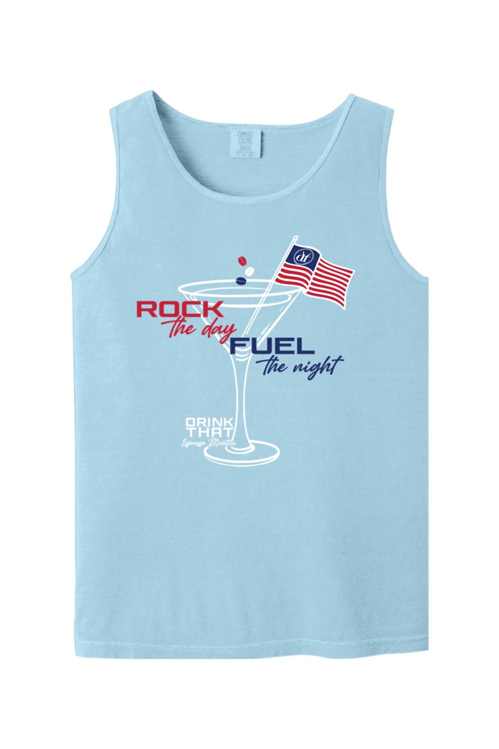 Light blue Comfort Colors cotton tank top featuring an espresso martini graphic with an American flag and patriotic text.
