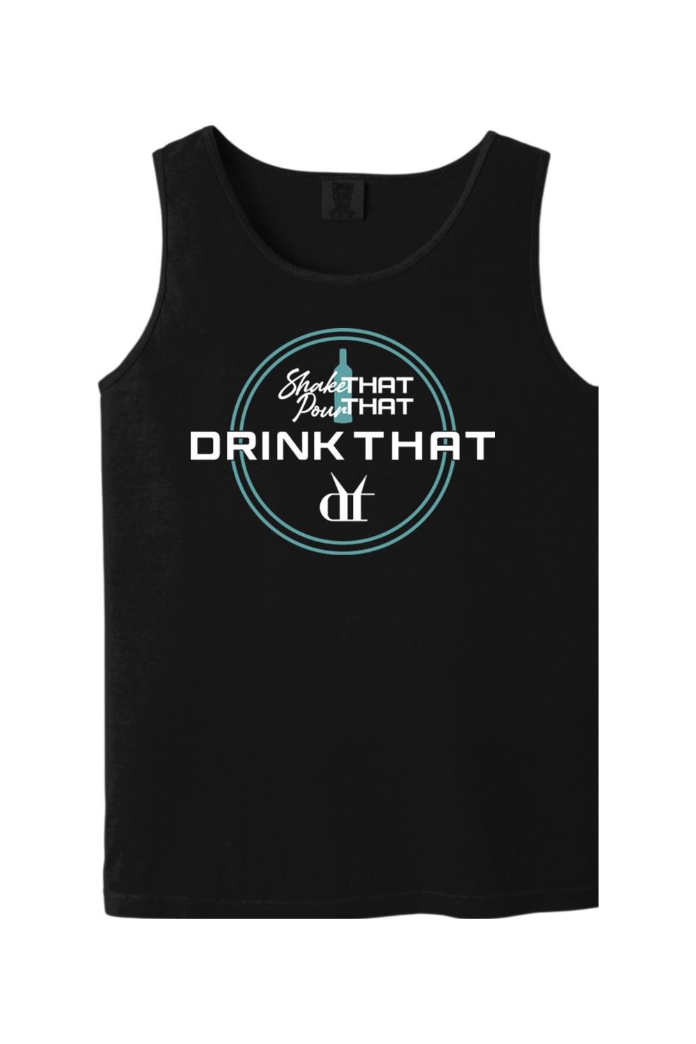 Black Comfort Colors cotton tank top featuring a teal and white Drink That espresso martini graphic.