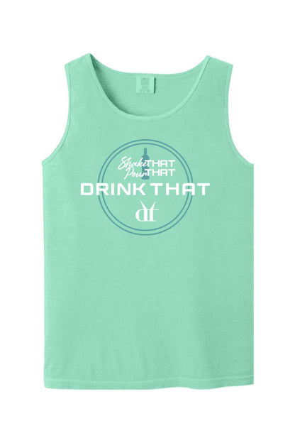 Mint green Comfort Colors cotton tank top featuring a white Shake That, Pour That, Drink That espresso martini graphic.