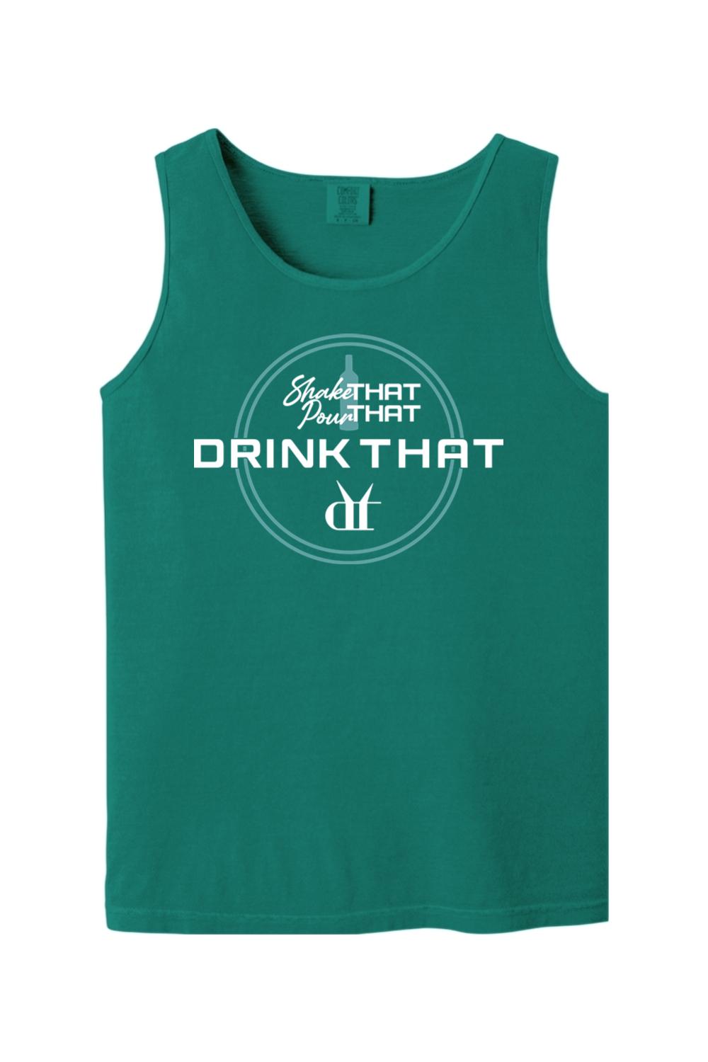 Teal Comfort Colors cotton tank top featuring a white Shake That, Pour That, Drink That espresso martini graphic.