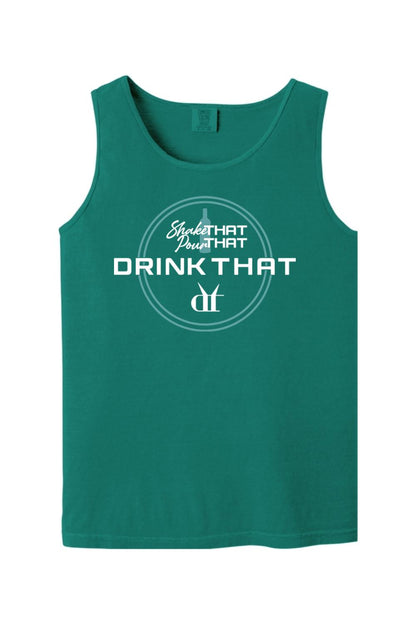 Teal Comfort Colors cotton tank top featuring a white Shake That, Pour That, Drink That espresso martini graphic.