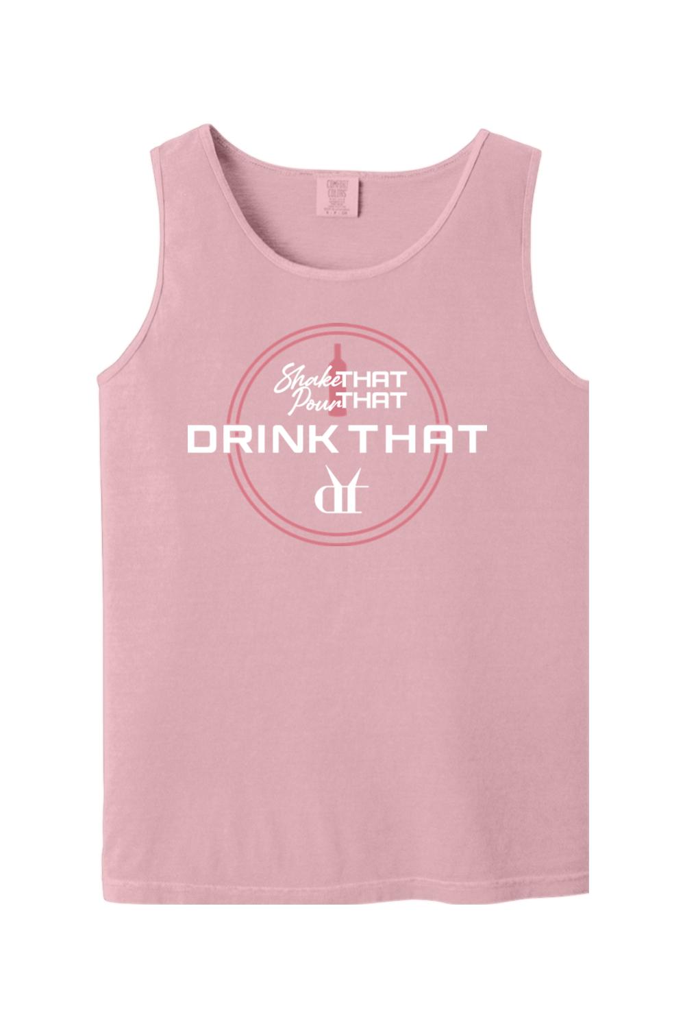 Soft pink Comfort Colors tank top featuring a white Shake That, Pour That, Drink That espresso martini graphic.