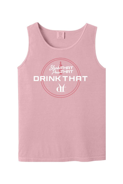 Soft pink Comfort Colors tank top featuring a white Shake That, Pour That, Drink That espresso martini graphic.