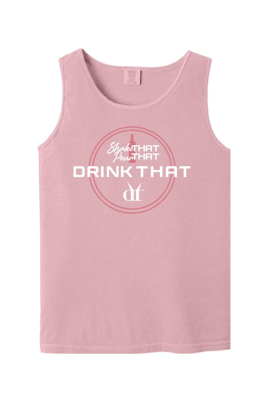 Soft pink Comfort Colors tank top featuring a white Shake That, Pour That, Drink That espresso martini graphic.