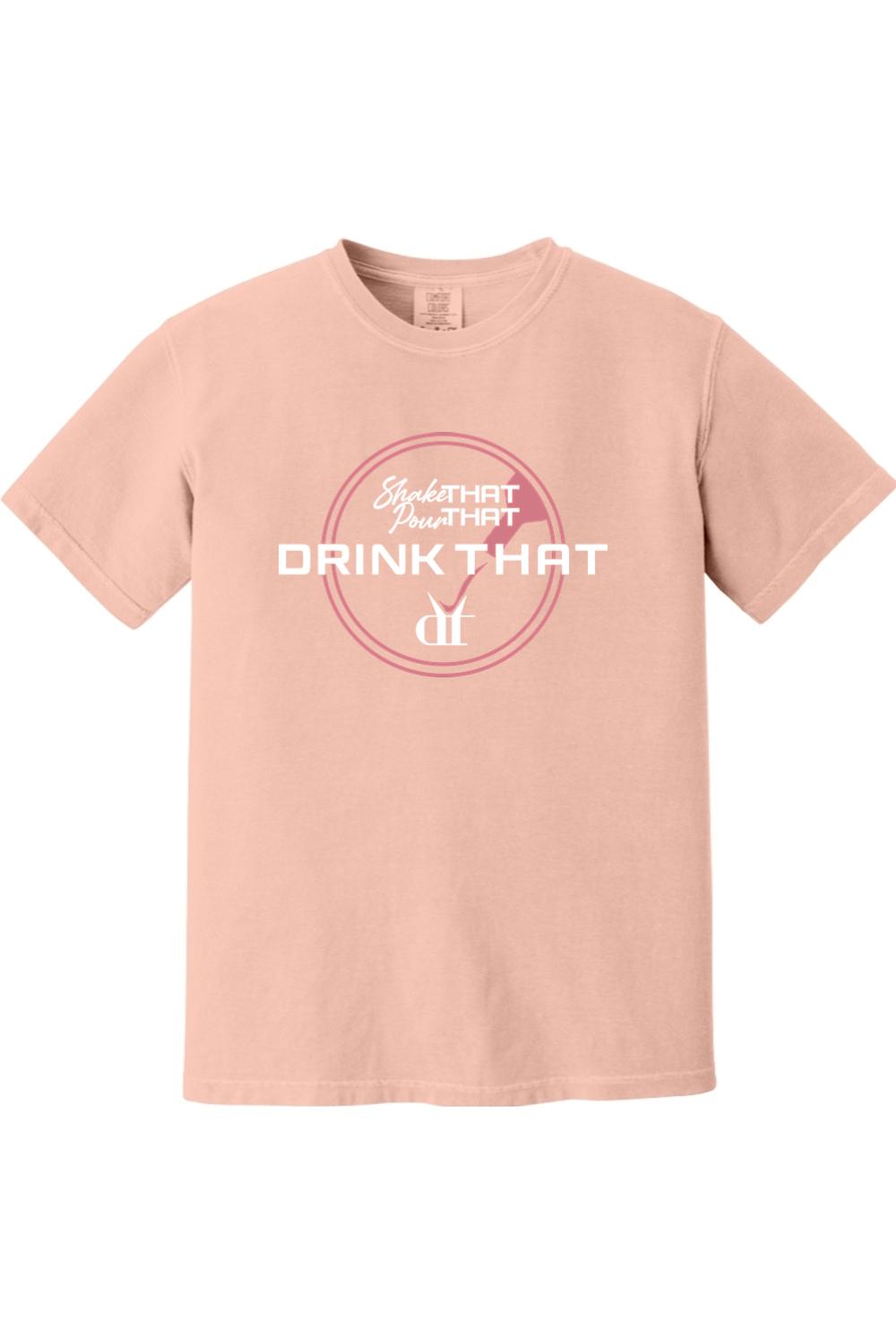 Soft peach Comfort Colors cotton t-shirt featuring a circular Shake That, Pour That, Drink That graphic print.