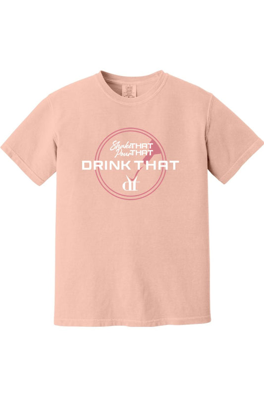 Soft peach Comfort Colors cotton t-shirt featuring a circular Shake That, Pour That, Drink That graphic print.