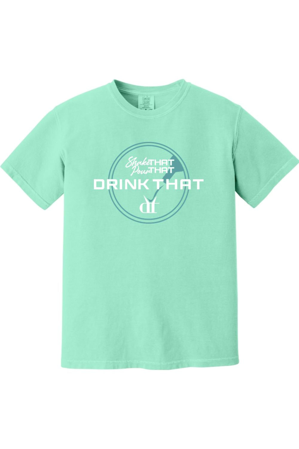 Mint green Comfort Colors ringspun cotton t-shirt featuring a white Shake That, Pour That, Drink That circular graphic.