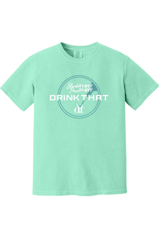 Mint green Comfort Colors ringspun cotton t-shirt featuring a white Shake That, Pour That, Drink That circular graphic.