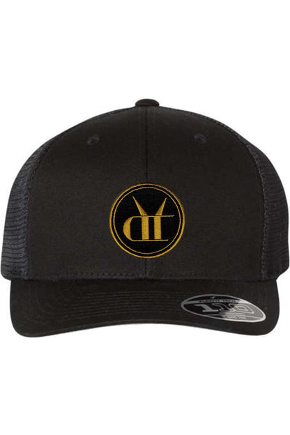 Black snapback trucker hat with a gold embroidered circular logo patch and a comfortable stretch headband.