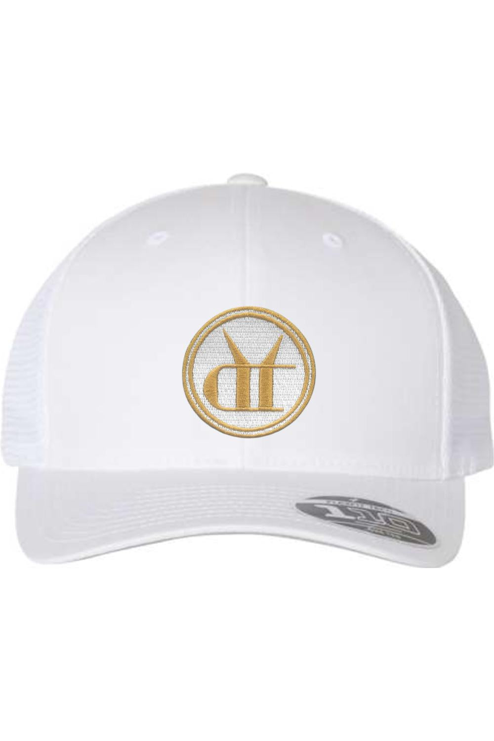 White trucker snapback hat featuring a circular gold embroidered logo patch and a comfortable stretch headband.