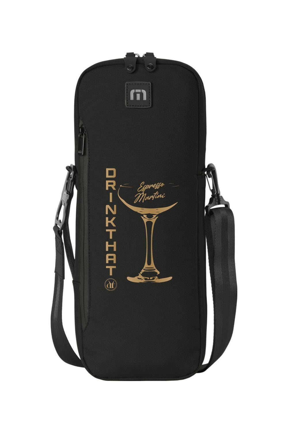 Black TravisMathew slim golf cooler with Drink That Espresso Martini graphic, shoulder strap, and insulated design.