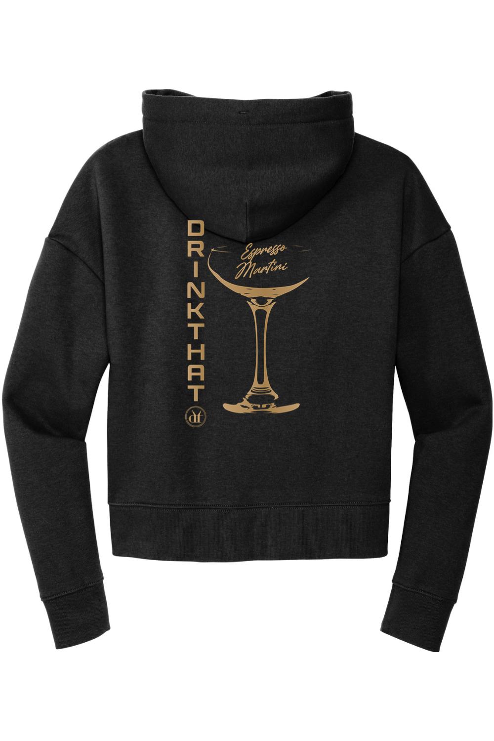 Black women's hoodie featuring a gold Espresso Martini graphic and Drink That text on the back.