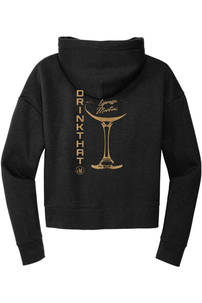 Black women's hoodie featuring a gold Espresso Martini graphic and Drink That text on the back.