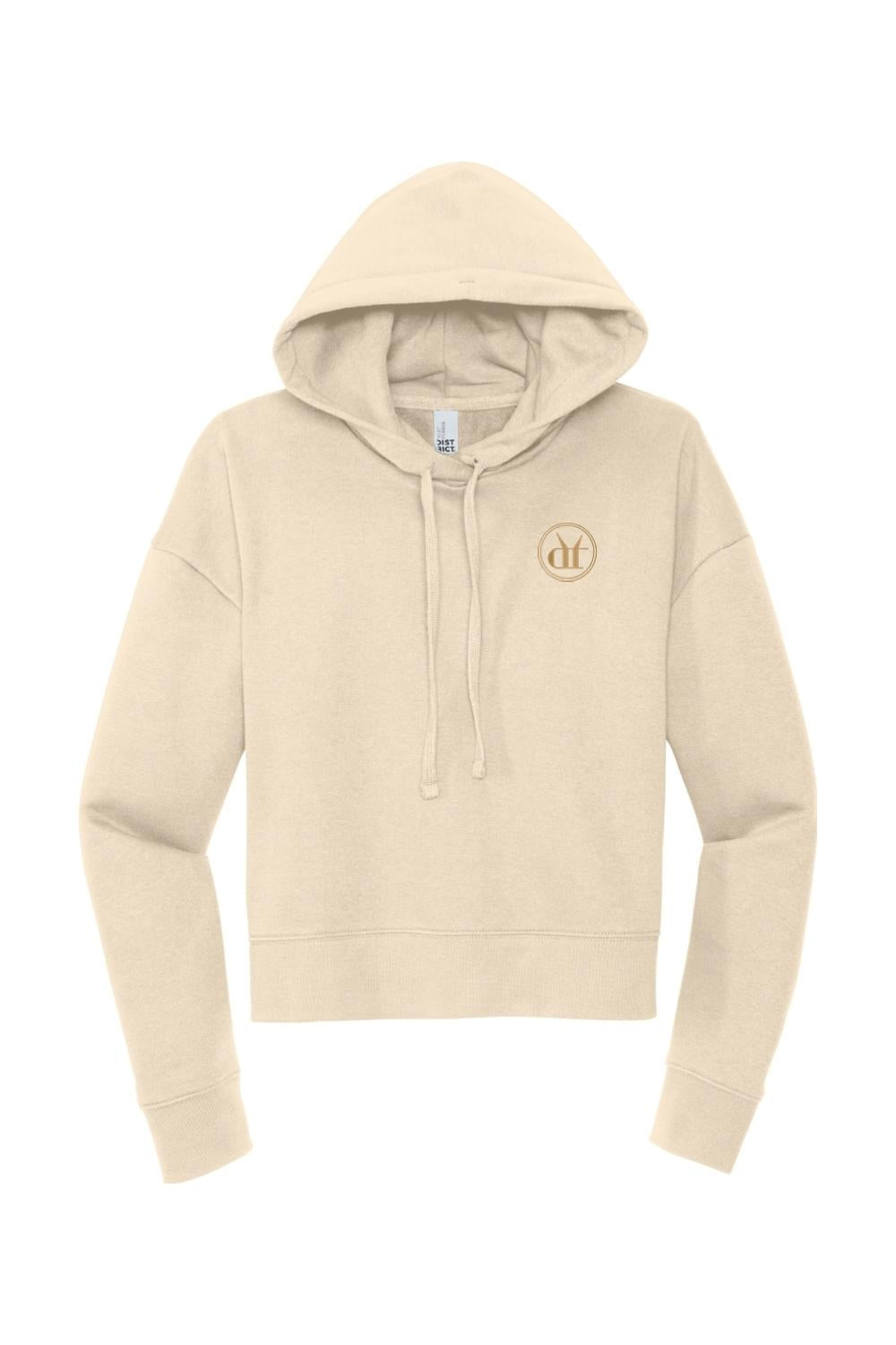 Beige women's cropped hoodie with a soft cotton-blend fabric, drawstring hood, and circular logo on the chest.