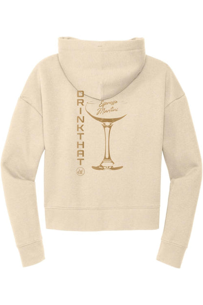 Beige women's hoodie featuring a back graphic of an espresso martini glass and Drink That text in brown.