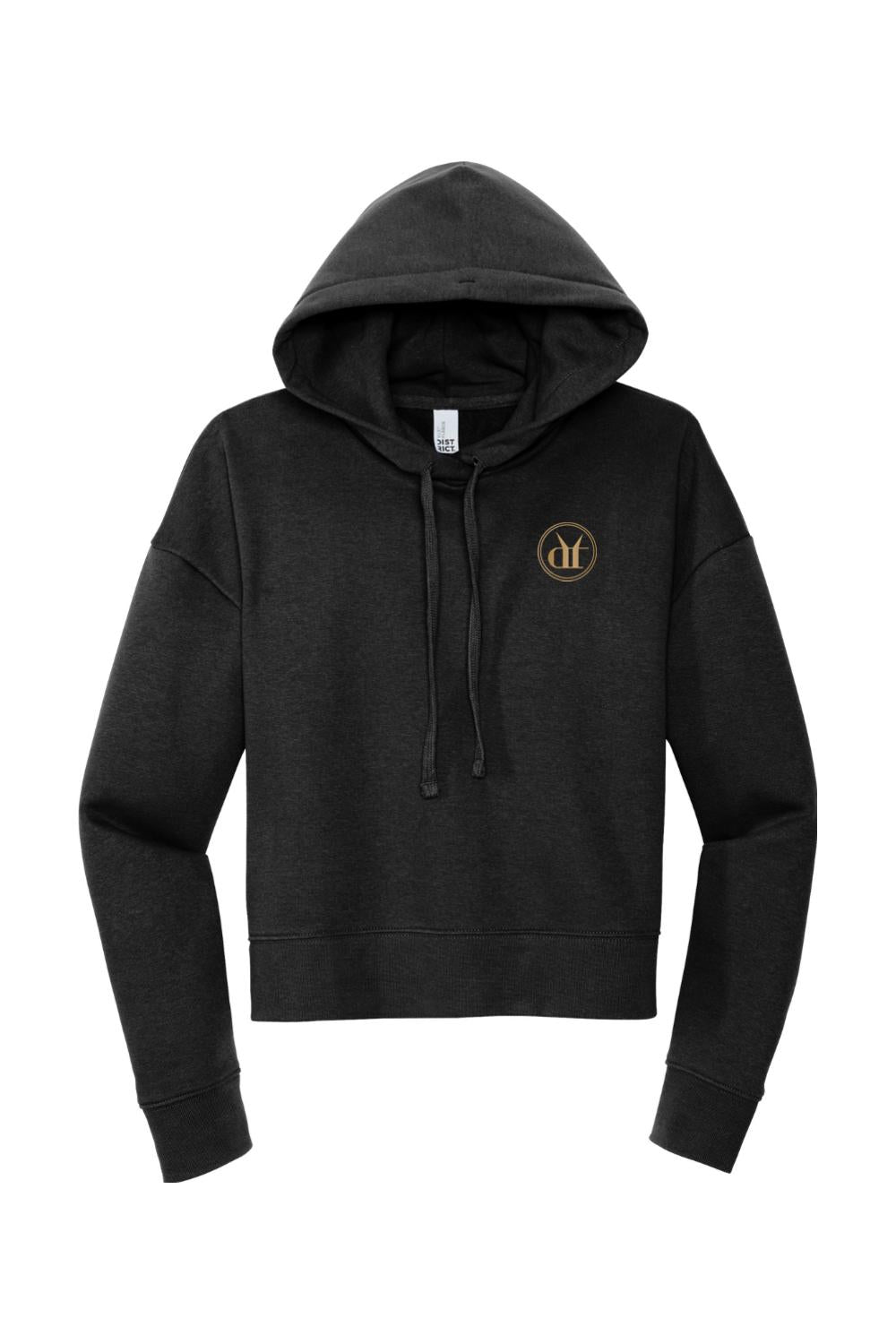 Black cropped women's hoodie with a soft cotton blend, drawstring hood, and a circular gold logo on the chest.