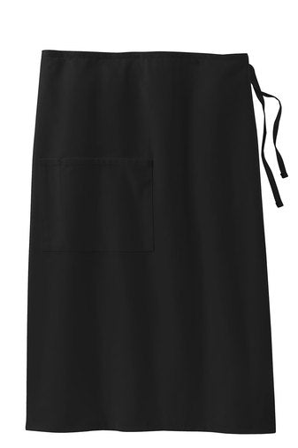 Black poly/cotton bistro apron with a large front pocket and side ties for a secure, easy-care fit.
