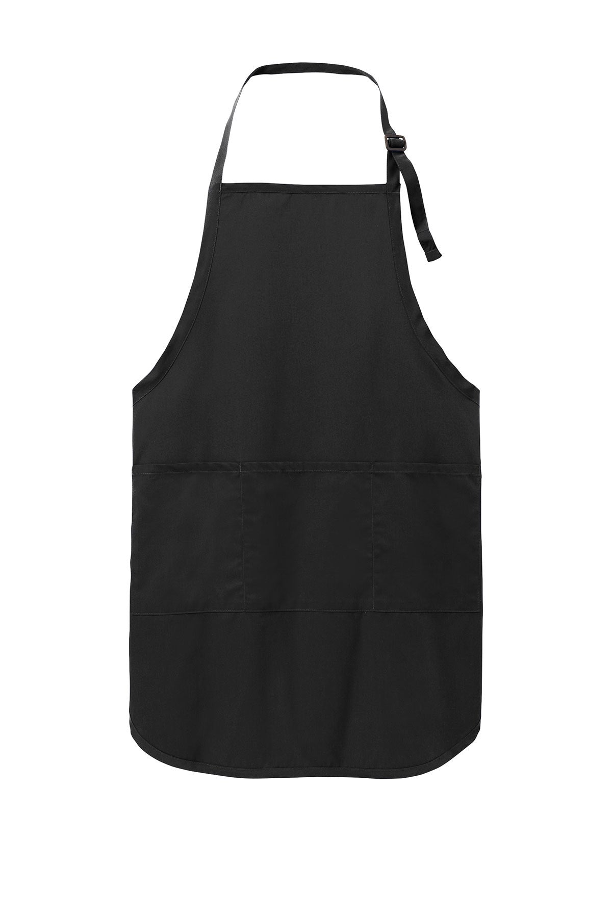 Black full-length poly-cotton twill apron with an adjustable neck strap and three convenient front pockets.
