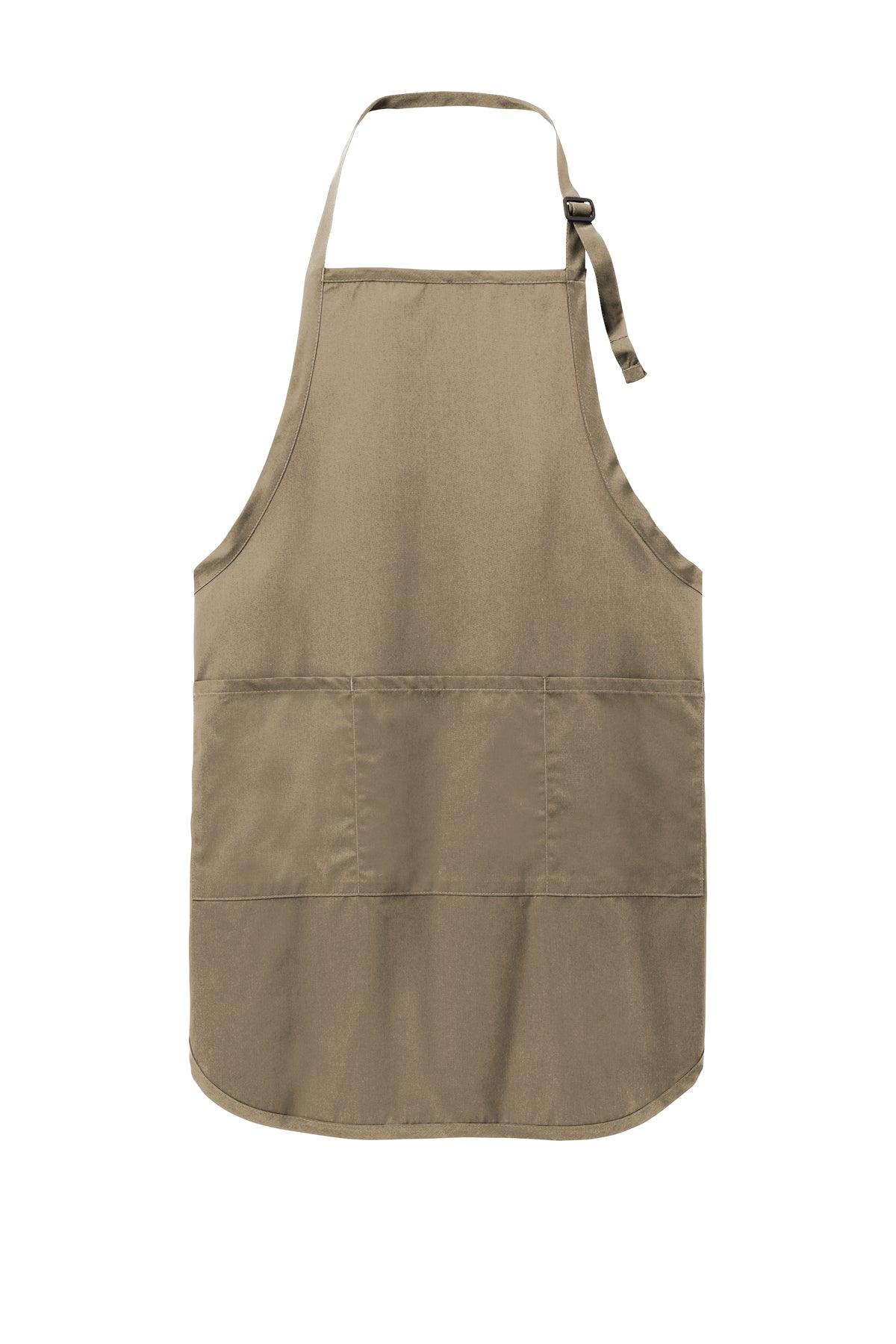 Tan full-length poly-cotton twill apron with an adjustable neck strap and three front storage pockets.