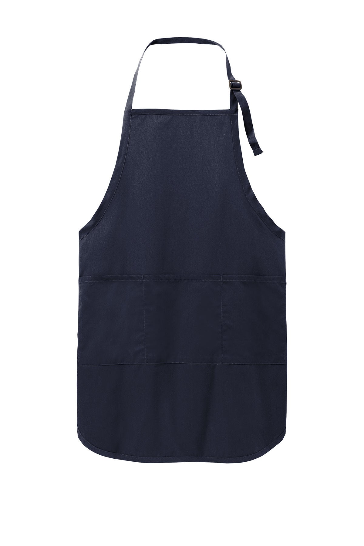 Navy blue poly/cotton full-length apron with an adjustable neck strap and three front utility pockets.