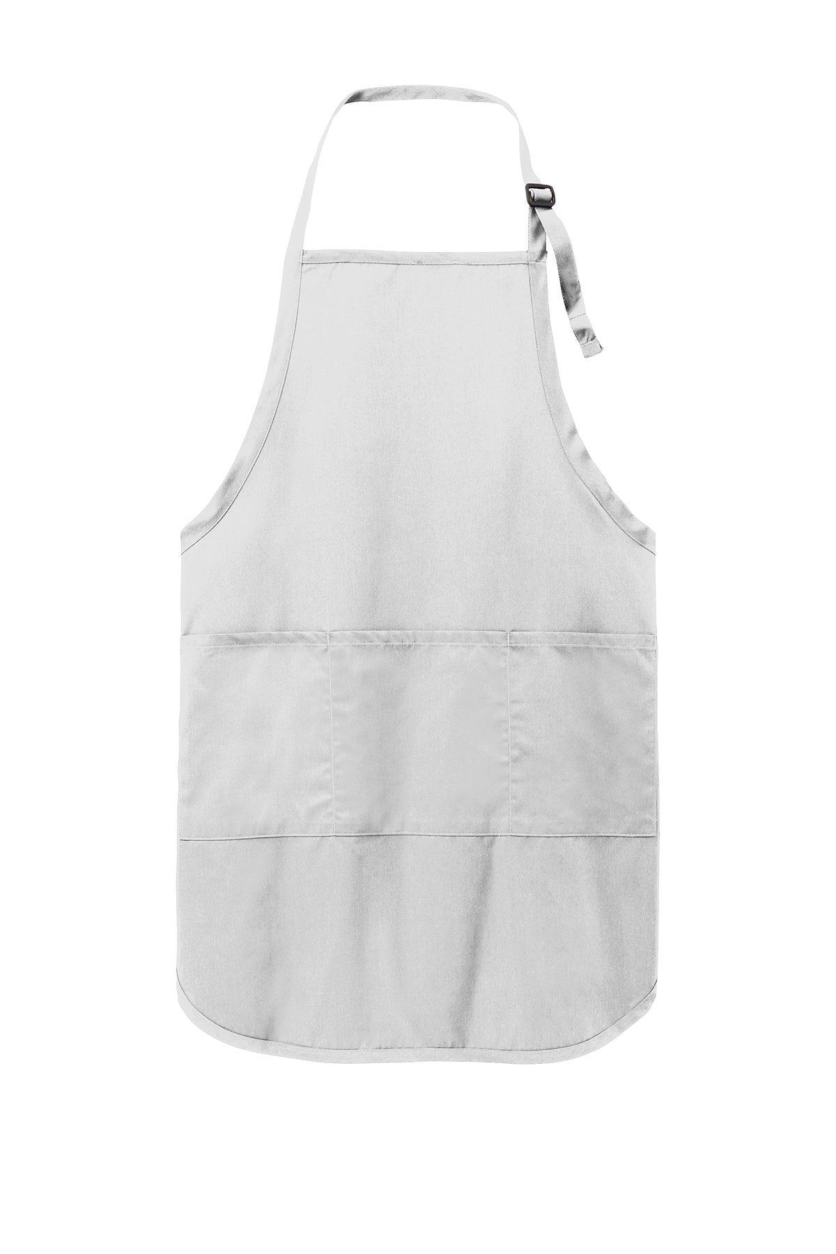 White full-length poly-cotton apron with an adjustable neck strap and three front pockets for easy storage.