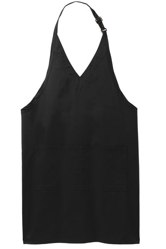 Black poly/cotton tuxedo apron with an adjustable neck strap and two front pockets, 27.5 by 30 inches.
