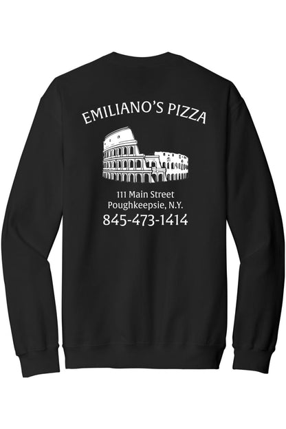 Black crewneck sweatshirt featuring a white graphic of the Colosseum and Emiliano's Pizza branding on the back.