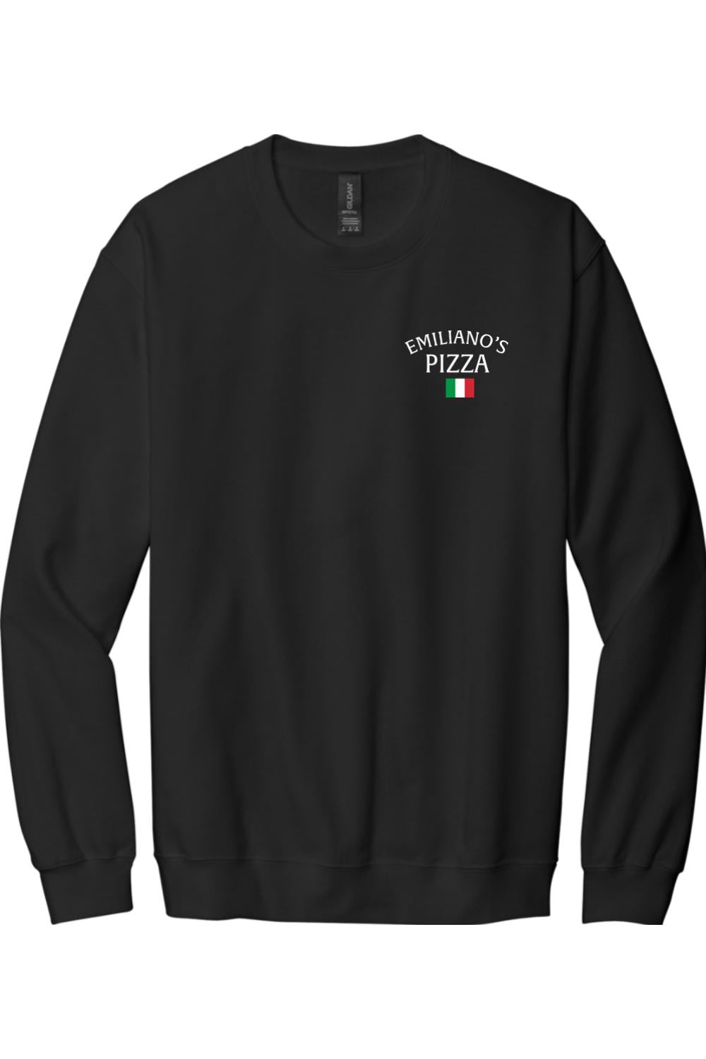 Black crewneck sweatshirt featuring a small Emiliano's Pizza logo and Italian flag graphic on the left chest.