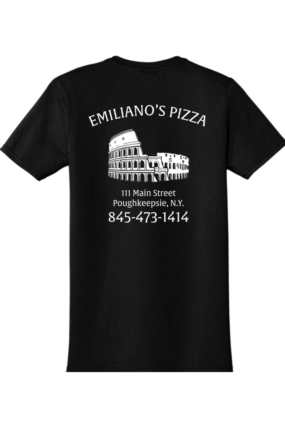 Black cotton crewneck t-shirt featuring a white Emiliano's Pizza logo and Colosseum graphic on the back.