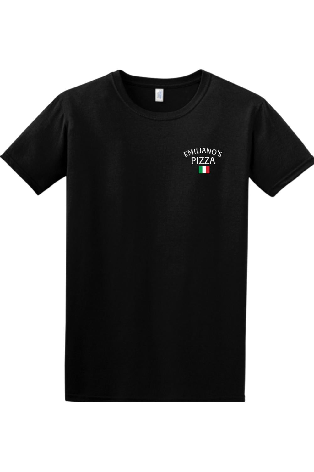 Black cotton crewneck t-shirt featuring a small Emiliano's Pizza logo with an Italian flag icon on the chest.