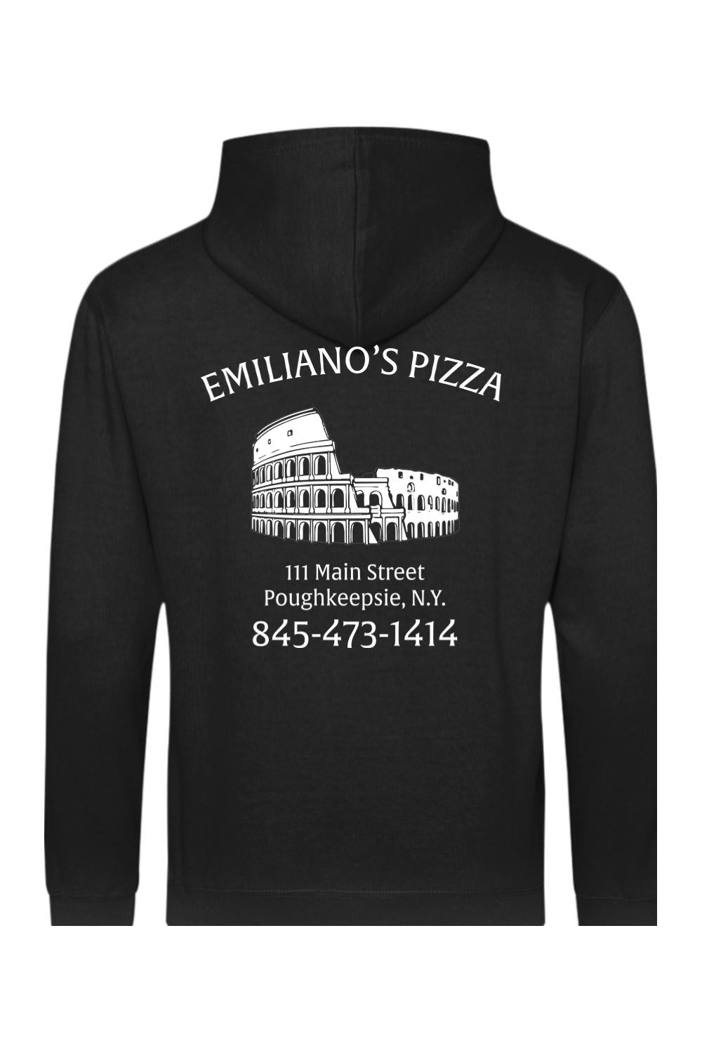 Black pullover hoodie featuring a white Emiliano's Pizza logo with a Colosseum graphic and contact information.