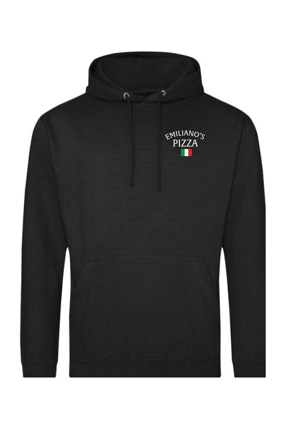 Black pullover hoodie featuring an Emiliano's Pizza logo with an Italian flag icon on the chest.