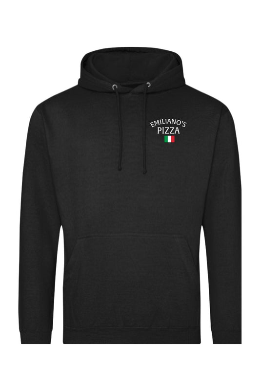 Black pullover hoodie featuring an Emiliano's Pizza logo with an Italian flag icon on the chest.
