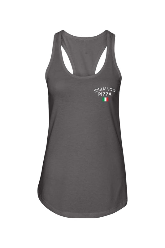 Dark gray cotton women's racerback tank top featuring an Emiliano's Pizza logo with an Italian flag accent.