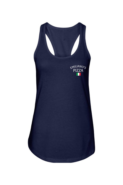 Navy blue cotton women's racerback tank top featuring a small Emiliano's Pizza logo and Italian flag graphic.