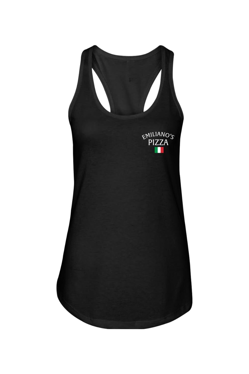 Black cotton women's racerback tank top featuring an Emiliano's Pizza logo with an Italian flag graphic on the chest.