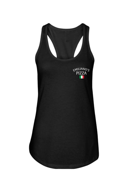 Black cotton women's racerback tank top featuring an Emiliano's Pizza logo with an Italian flag graphic on the chest.