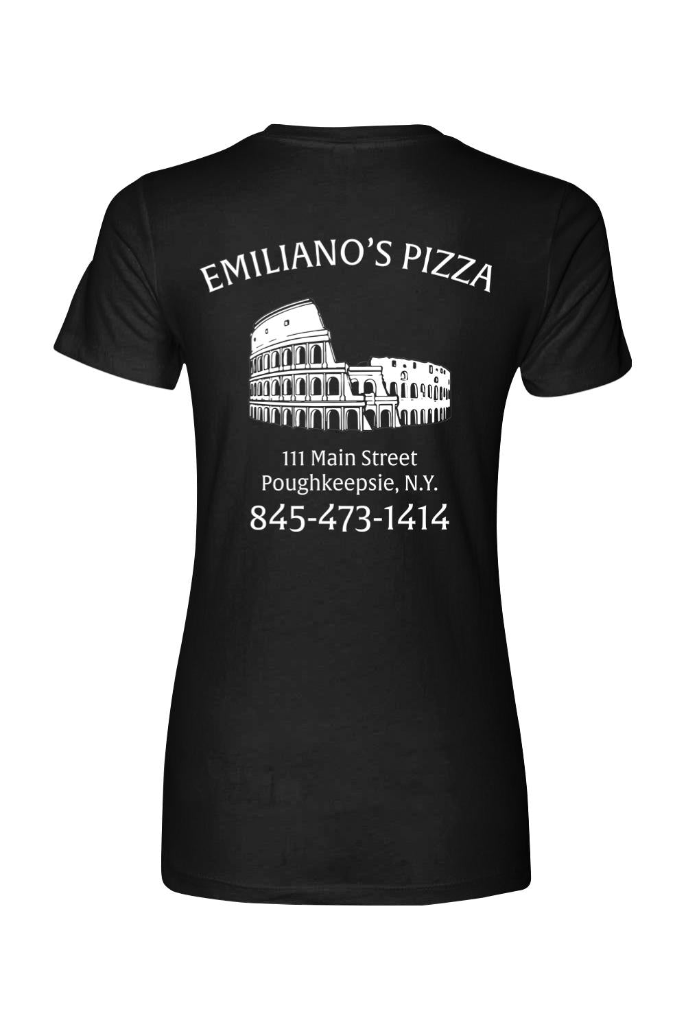 Black women's cotton t-shirt featuring a white Emiliano's Pizza logo, Colosseum graphic, and contact information.