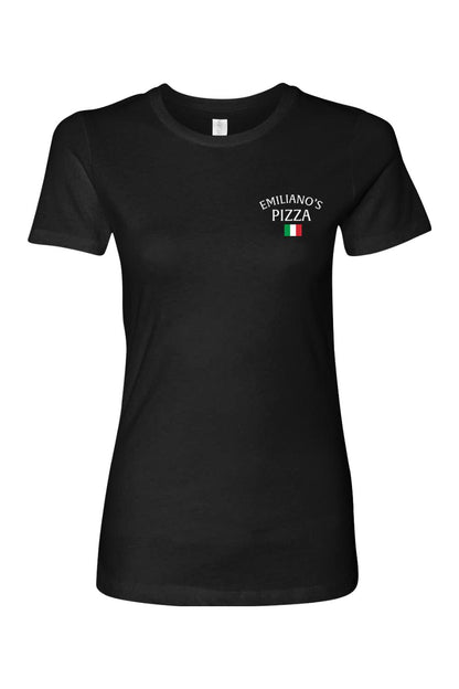 Black women's cotton t-shirt featuring a small white Emiliano's Pizza logo and Italian flag on the chest.