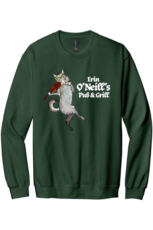 Dark green cotton-blend sweatshirt featuring a graphic of a cat playing a violin and Erin O'Neill's Pub & Grill text.